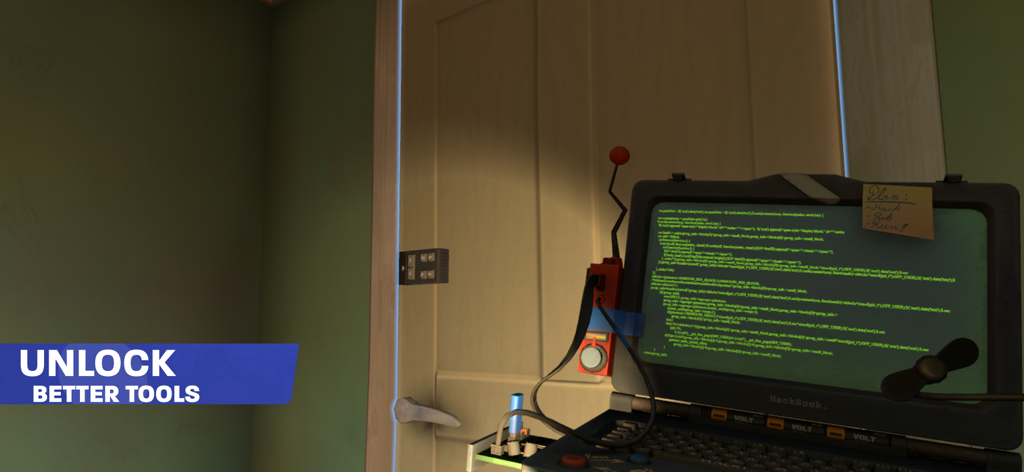 Thief Simulator: Sneak & Steal - Una herramienta de portátil de hackeo colocada frente a una puerta cerrada dentro de una casa