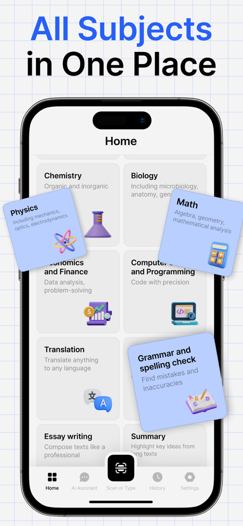 Math SolverアプリのiPhoneディスプレイ。AI宿題ヘルプのために、物理、数学、化学を含む学術科目のグリッドが表示されています。