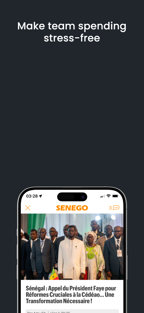 Senego: Actualité au Sénégal - Senego app interface showing a news article about Senegalese political reforms and President Faye