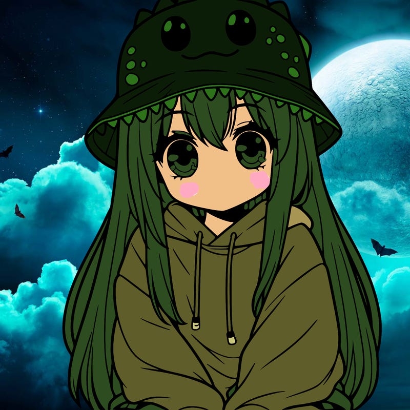 girl with anime shaped eyes with a dinosaur bucket hat oversized sweatshirt long straight hair