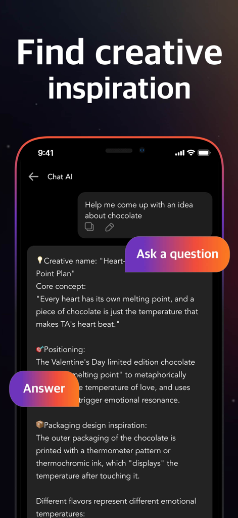 Gamm.AI - AI Chatbot Assistant - Interfaz de chatbot Gamm AI que proporciona ideas creativas de marketing y empaquetado para una marca de chocolate.