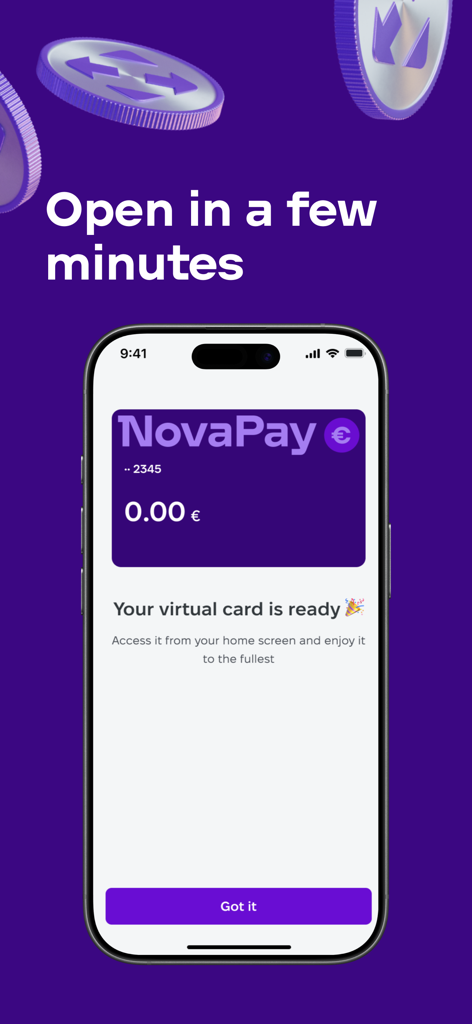 NovaPay: Payment Systems - NovaPay mobile app screen showing a successful virtual euro card setup