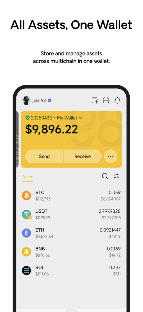 Schermata dell'app Coin98 che mostra una dashboard di portafoglio crypto multi-chain con un saldo totale e asset elencati tra cui BTC, ETH e SOL.