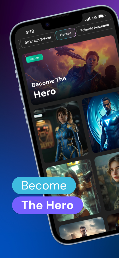 Interface of the FaceFlip AI app showing hero character templates for face swapping