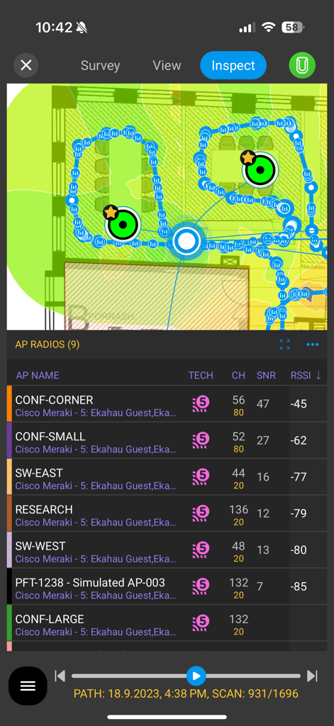 Ekahau Survey - Inspect view in Ekahau Survey app showing Wi-Fi heatmap and signal strength data