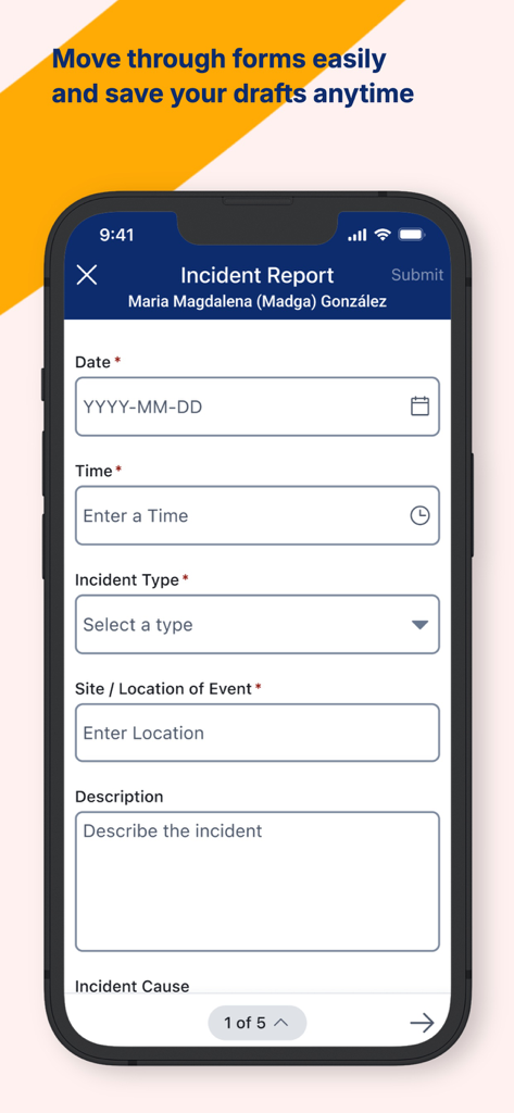 AlayaCare - Captura de tela do aplicativo AlayaCare mostrando um formulário de relatório de incidentes de cuidador profissional em um dispositivo móvel