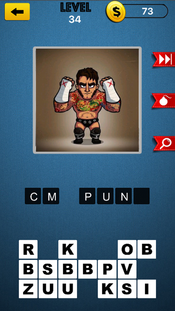 Wrestling Trivia - For WWE TNA DIVA.s and Star.s - A screenshot of the Wrestling Trivia app level 34 featuring a cartoon illustration of CM Punk