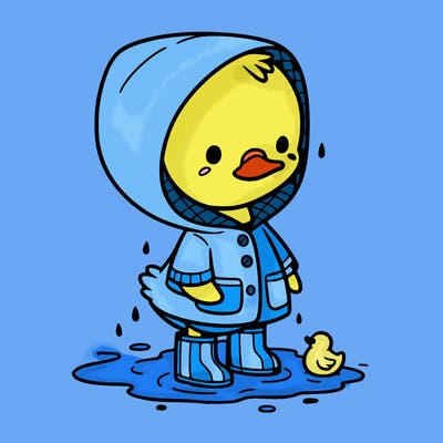 baby duck in a rain coat and boots, in a puddle while it’s raining