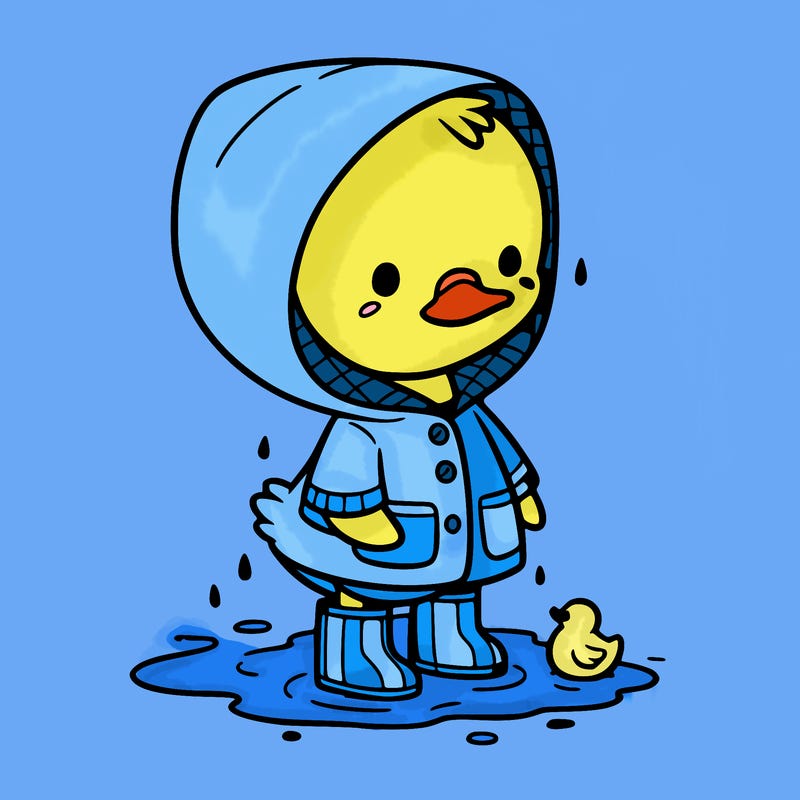 baby duck in a rain coat and boots, in a puddle while it’s raining