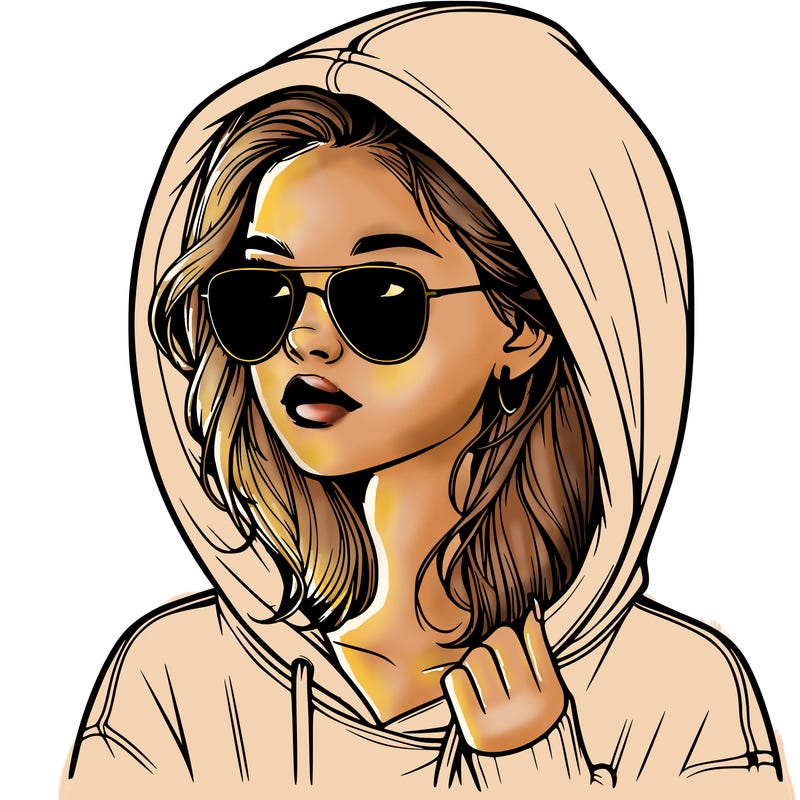 realistic teenage girl, wearing a hoodie and sunglasses
