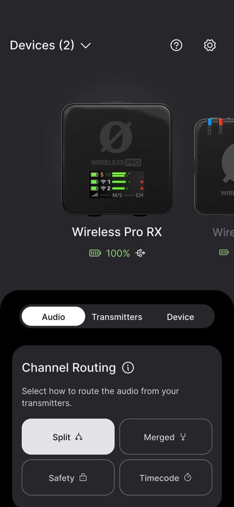 Rode Central Mobile app interface showing audio channel routing settings for the Wireless Pro RX receiver