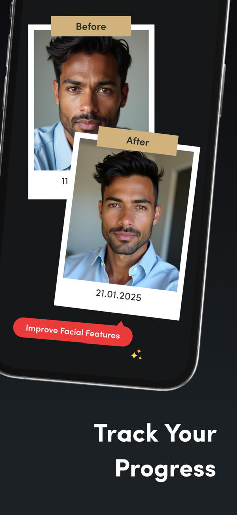 Umax AI: Face Scan & Rate face - Confronto prima e dopo del viso di un uomo nell'app Umax AI che mostra i progressi del miglioramento facciale