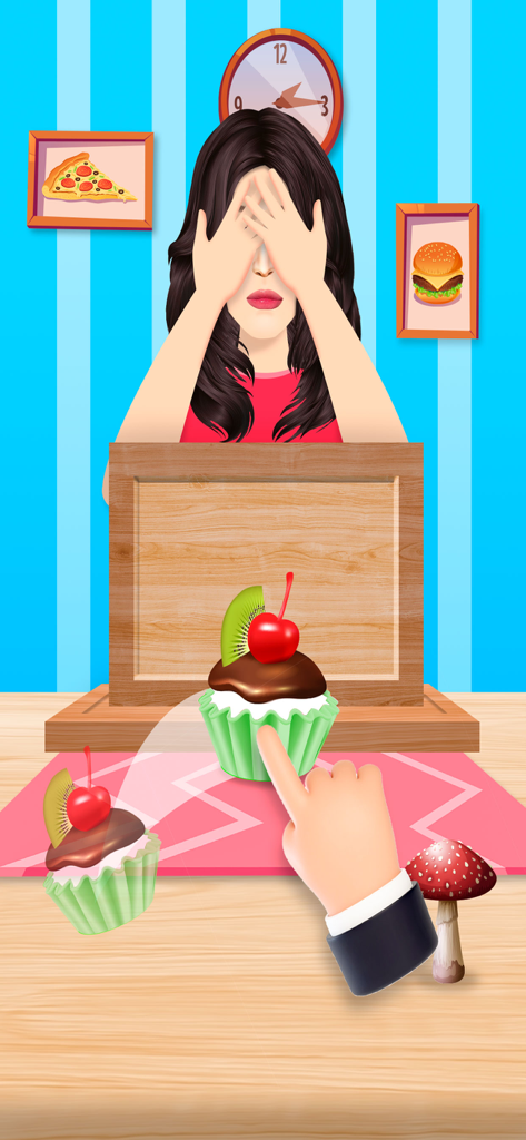 Yes or No Food Challenge Prank - A girl covers her eyes while a hand drags a cupcake towards her in the Yes or No Food Challenge Prank game.