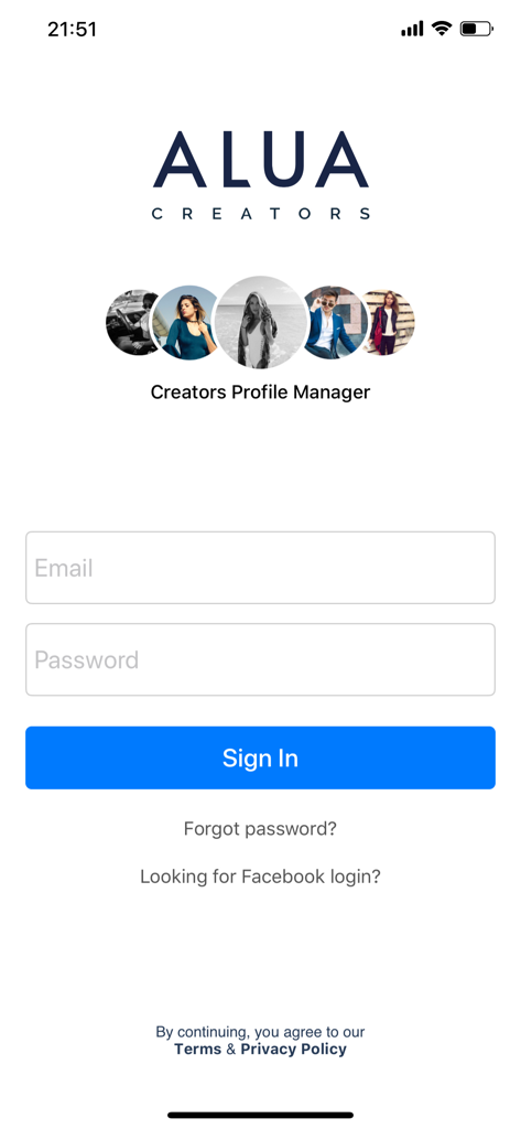 Alua Creators - Sign in page for Alua Creators app with email and password input fields