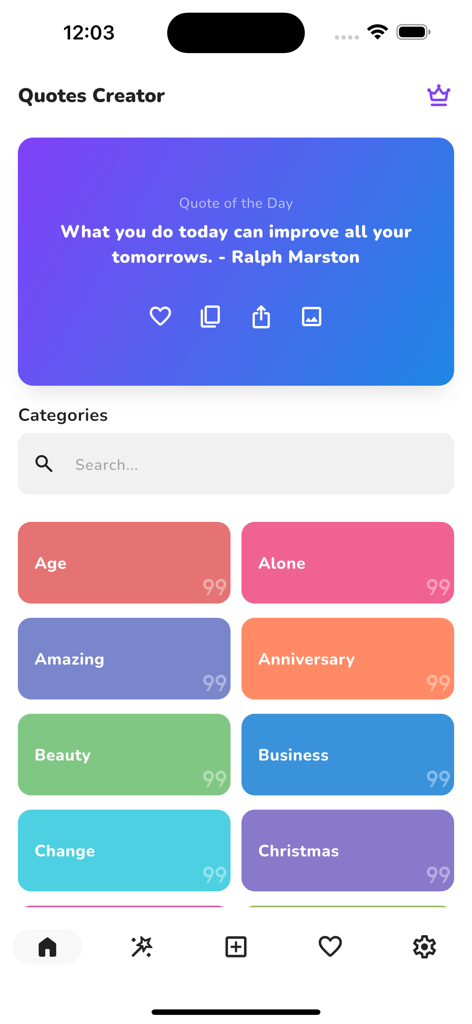 Benutzeroberfläche der Quotes Creator-App, die ein tägliches Motivationszitat und verschiedene Zitatkategorien wie Schönheit und Business zeigt
