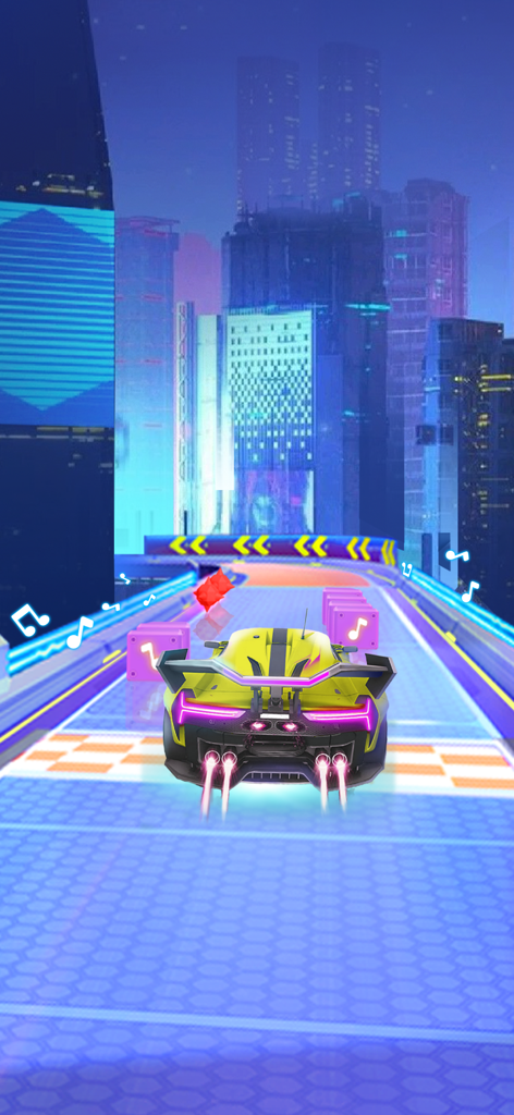 Beat Racing Car EDM - A yellow sports car with neon lights racing on a futuristic music track through a cyberpunk city at night