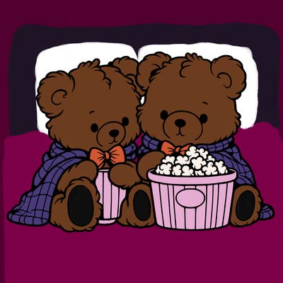 soft black and white line art illustration for coloring book similar to bobbie goods, cartoon style
teddy bears watching a movie together with blanket and bucket of popcorn.