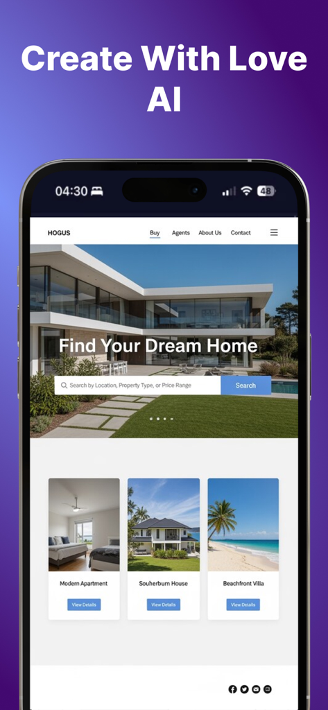 Una maqueta de sitio web profesional de bienes raíces mostrada dentro de la aplicación móvil Lovable AI Website Builder.