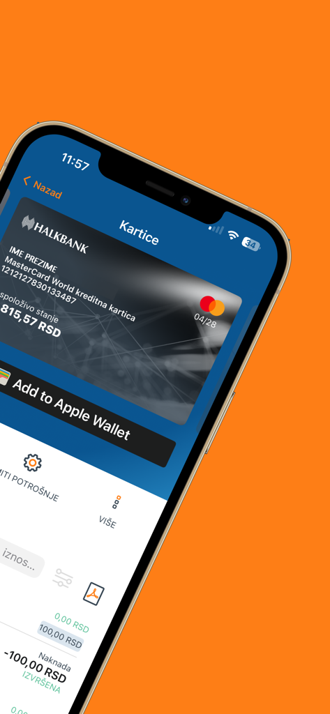 Uno smartphone che mostra la schermata di gestione carte dell'app SmartHALK mBanking con una Halkbank Mastercard e un pulsante Aggiungi ad Apple Wallet