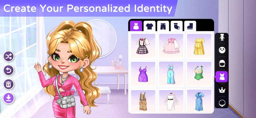 Pantalla de personalización de un personaje femenino en YoYa Time que muestra un avatar rubio con un vestido rosa junto a un menú de selección de atuendos