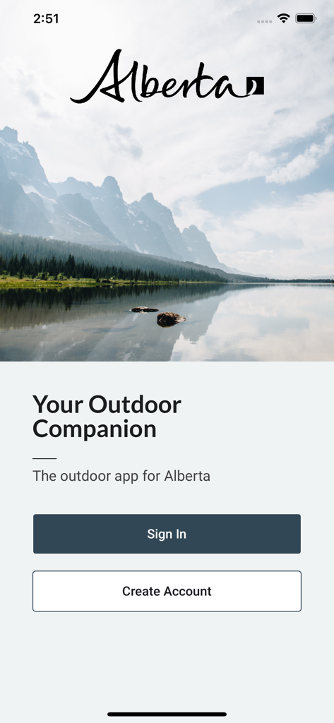 AlbertaRELM app welcome screen featuring a mountain lake and sign in buttons