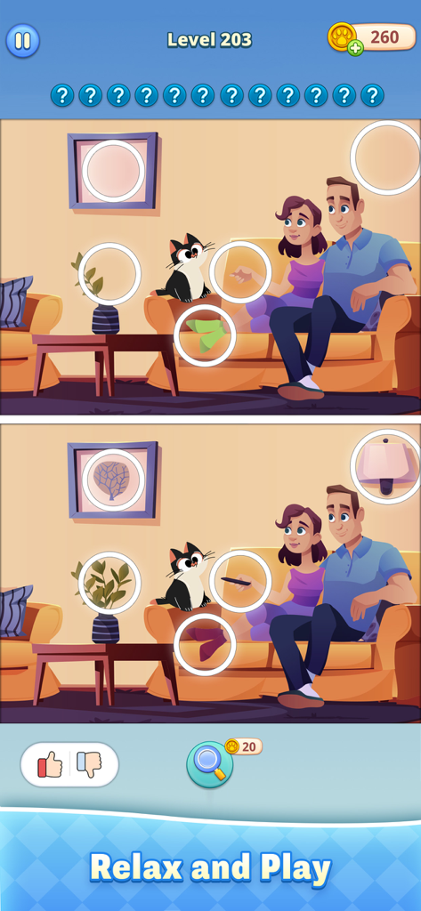Un niveau de puzzle 'trouver la différence' montrant un couple et un chat dans un salon