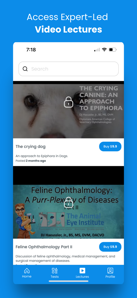 VetEye - VetEye app interface showing a list of veterinary ophthalmology video lectures for professionals