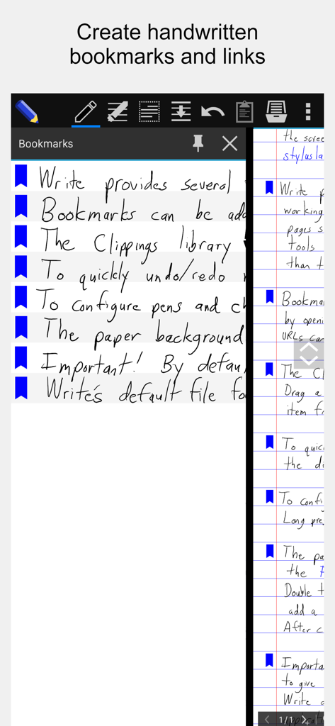 Stylus Labs Write Pro - Screenshot of Stylus Labs Write Pro app showing a side panel with handwritten bookmarks and links next to a handwritten document