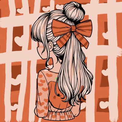 realistic girl  with hip length hair a bun and a big bow on the back of head