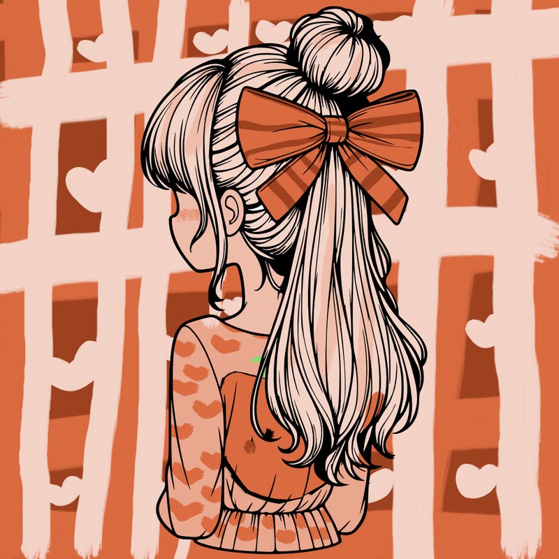realistic girl  with hip length hair a bun and a big bow on the back of head