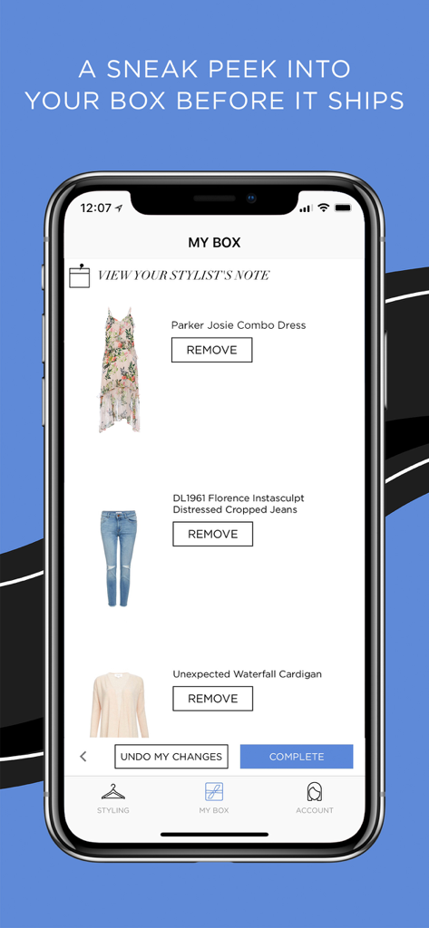 DAILYLOOK - DAILYLOOK app interface showing a sneak peek of a curated clothing box with options to remove items before shipping.