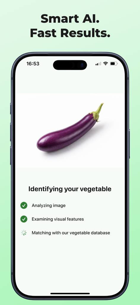 Vegetable Identifier: Scan AI - Smartphone screen showing the AI vegetable identification process for an eggplant with a progress checklist