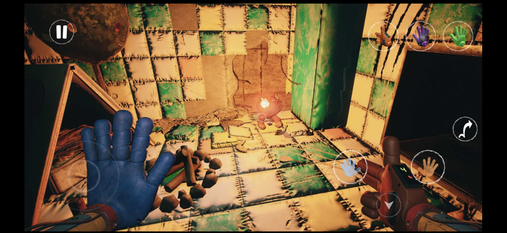 First-person gameplay of Poppy Playtime Chapter 3 showing the GrabPack hands in a padded room