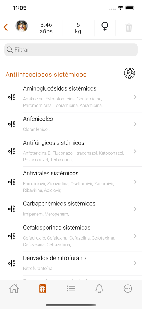 Interfaz de la aplicación ConsultaVet que muestra categorías de fármacos antiinfecciosos sistémicos para un perfil de perro.
