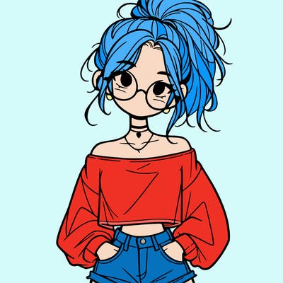 girl with a messy ponytail glasses a baggy crop top and jean shorts