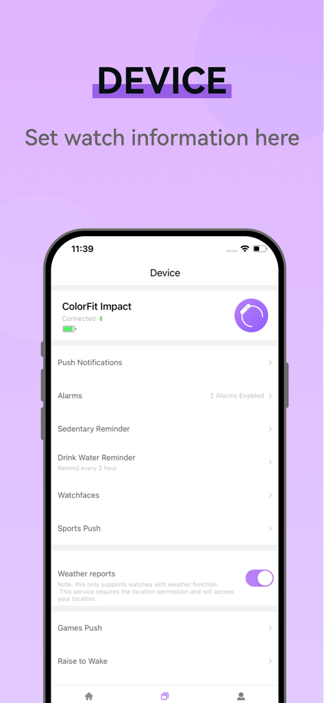 NoiseFit Focus - Página de configuración del dispositivo de la aplicación NoiseFit Focus mostrando opciones de smartwatch conectadas como notificaciones y recordatorios