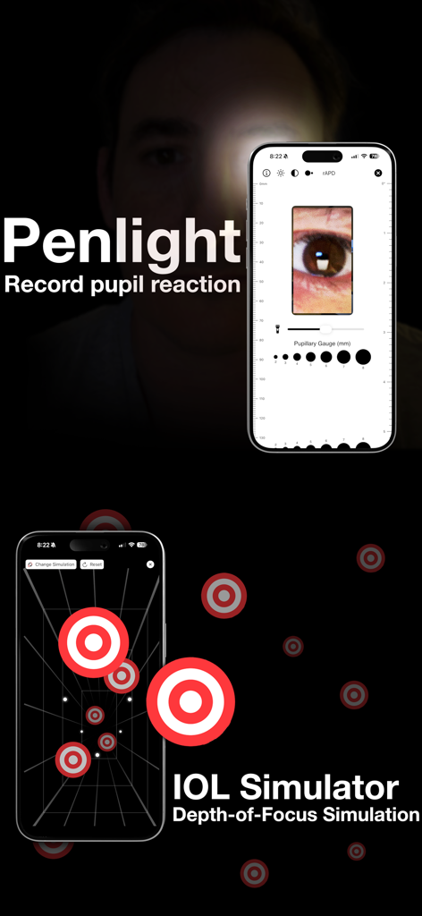 My Call Bag: Ophthalmology App - Interface do aplicativo de oftalmologia mostrando a ferramenta de caneta para reação pupilar e o simulador de LIO para profundidade de foco
