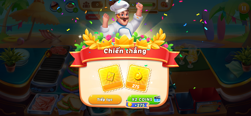 Chef Adventure: Cooking Games - A celebratory victory screen in Chef Adventure showing a chef cheering with earned coins and key rewards
