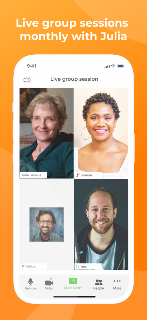 Live group video session feature in the Grief Works app with Julia Samuel