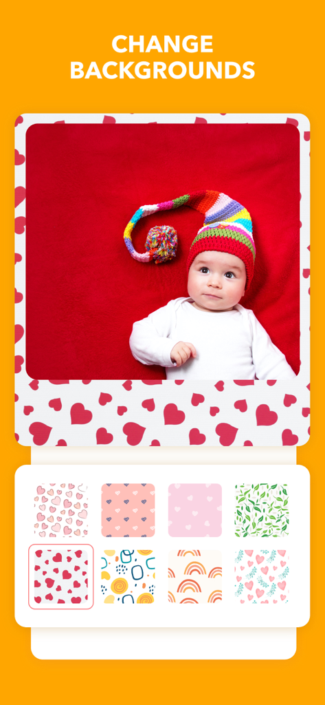 Baby Photo Editor: Pic Journal - Una interfaz de aplicación móvil que muestra varios patrones de fondo como corazones y arcoíris para editar una foto de bebé