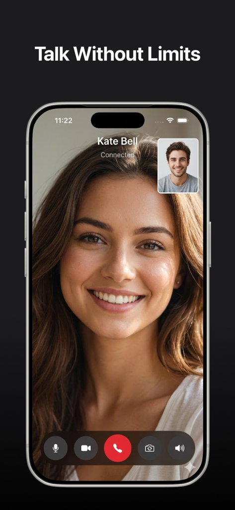 Video Call: Invites - Pantalla de iPhone mostrando una videollamada individual con controles simples e interfaz minimalista