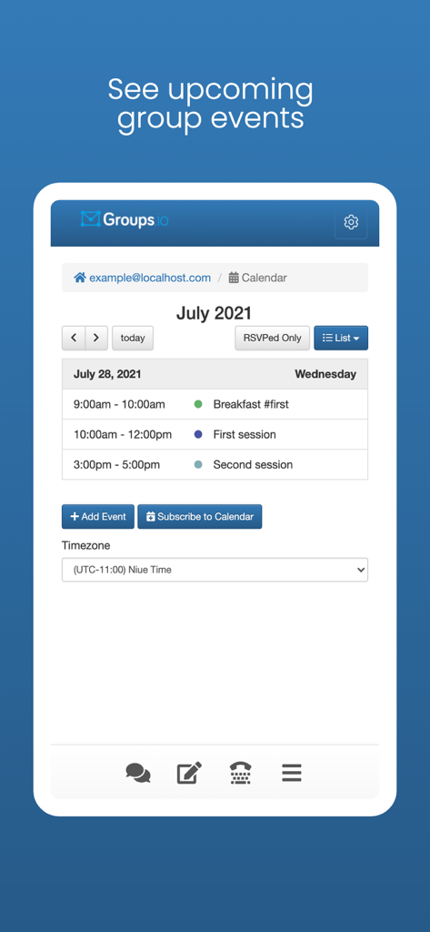 A screenshot of the Groups.io app displaying a calendar view with upcoming group events and session schedules.