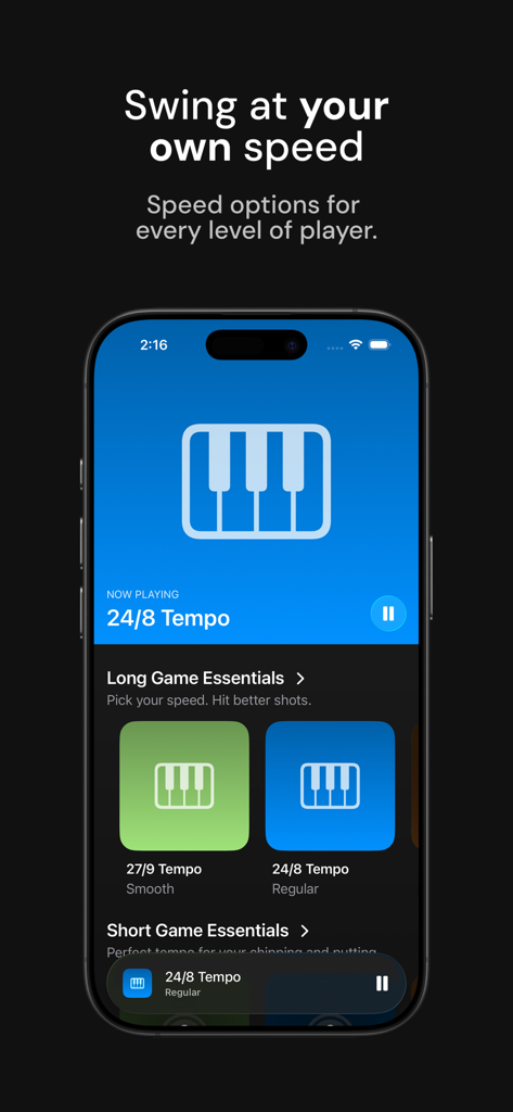 Golf Tempo: Tempo Town - Interface of the Golf Tempo app showing customizable swing speed options for different skill levels