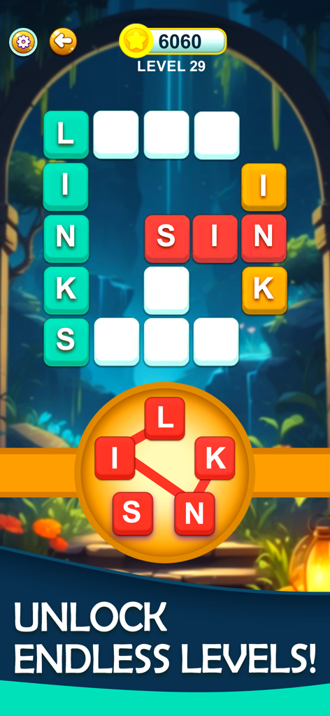 Word Cross - Word Puzzles - Gameplay screen of Word Cross showing a crossword puzzle grid with a letter wheel and a call to action to unlock endless levels