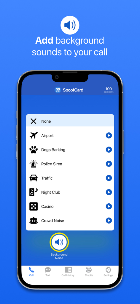 SpoofCard - Privacy Protected - SpoofCard app interface showing options to add background sounds like airport or traffic to phone calls