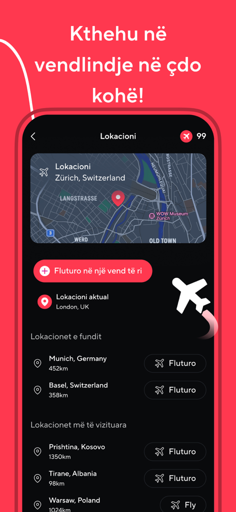 dua.com - Albanian Dating app - Interfaz de la función de Vuelo de la aplicación dua.com para conectar con albaneses en diferentes ciudades