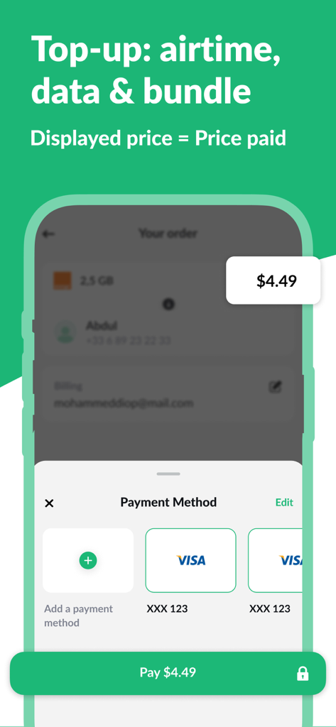 Pantalla de pago segura para recargas móviles en la app Libon con precios transparentes