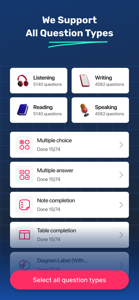 IELTS - Mock Test & AI Tutor - IELTS mock test app screen displaying various supported question types for exam preparation