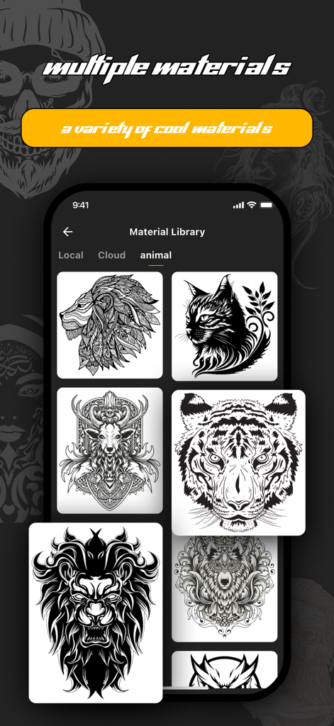 Interfaz de la aplicación FlashToy que muestra una variedad de intrincados diseños de pegatinas de tatuajes de animales, incluyendo leones, tigres y gatos