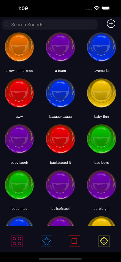 iButton Sounds - A mobile app interface for iButton Sounds featuring a grid of vibrant glossy buttons labeled with various sound effect names like arrow in the knee and baby laugh